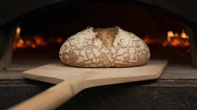 A rustic loaf of sourdough bread is being placed into a wood-fired oven on a wooden peel.