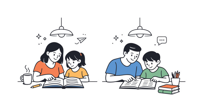 Family Homework Time. Parents helping their children with homework at the kitchen table ? reading together. Parent and child reviewing a book or worksheet side