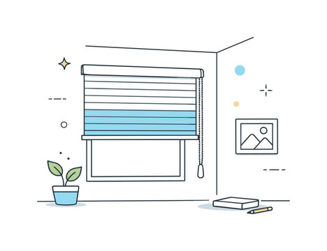 Modern Minimalist Interior. Window blind cord. A modern interior corner with a window blind adjusted halfway, cord aligned cleanly along the wall.