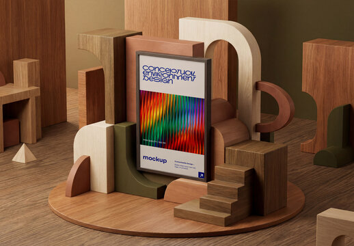 Minimalist Poster Mockup On Wooden Interior Background, Modern Geometric Architecture Advertising Banner Template