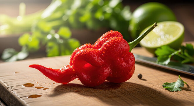 F&auml;rsk r&ouml;d chilipeppar med droppar vatten p&aring; en tr&auml;sk&auml;rbr&auml;da med lime och &ouml;rter p&aring; en k&ouml;ksbakgrund