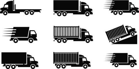 Commercial delivery truck collection featuring cargo transport vehicles including flatbed box container and dump trucks vector illustration set © Art_By_Aktarina