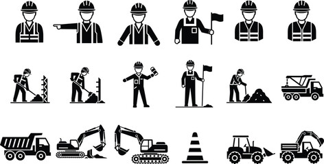Construction worker and heavy equipment silhouettes collection featuring engineer, excavator, dump truck, tractor, and roadwork vector illustration set © Art_By_Aktarina