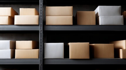 Shelf rack full of cartons at logistics warehouse, clean organized storage system, commercial stock photo