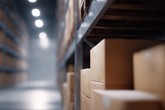 Large industrial warehouse with high racks, many cardboard boxes in foreground, realistic lighting, professional logistics environment