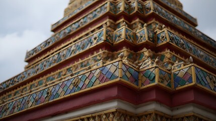 Fototapeta premium Close up of ornate colorful mosaic tiled layers on a traditional Asian temple structure