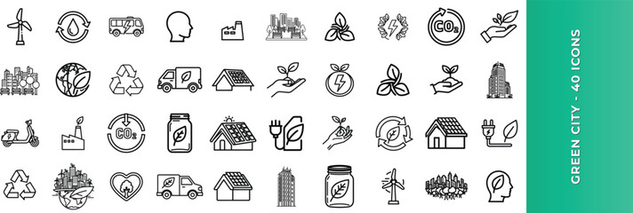 Ecology web icons in line style. Renewable energy solar power turbine and green town. Editable stroke. Vector illustration © MdFuyad
