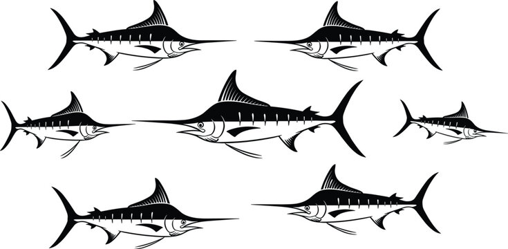 Marlin fish silhouettes collection featuring swordfish style marine wildlife vector illustration set isolated design elements