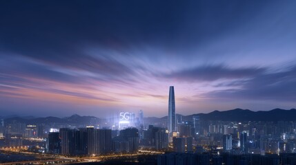 Shenzhen city skyline with 5G smart city technology overlay