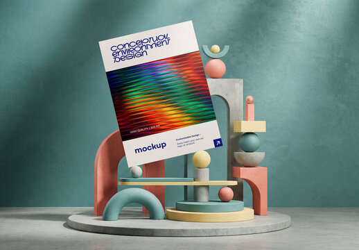 Conceptual Poster Mockup With Pastel Geometric Shapes, Modern 3D Advertising Banner Template On Round Pedestal