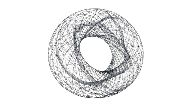 Abstract, geometric torus of interwoven gray lines against black background