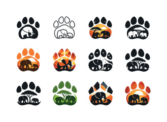 Fototapeta premium african elephants in the wild. Icon set. Set Logo of african elephants in the wild: elephant footprint. harmonious logo variations of the
