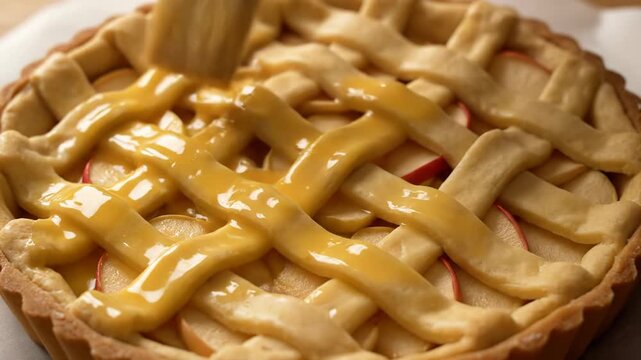 A close-up shot of a lattice-topped apple pie being brushed with an egg wash before baking.