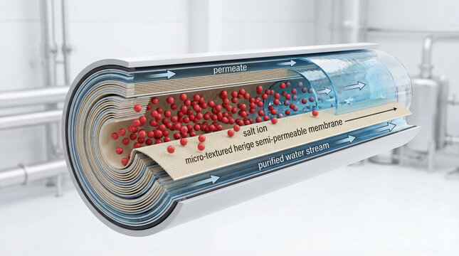 Journey inside a purification module, where a sophisticated semi-permeable membrane masterfully filters salt ions, crafting a pristine water stream