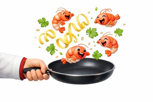 Shrimp, pasta, skillet, cooking and food