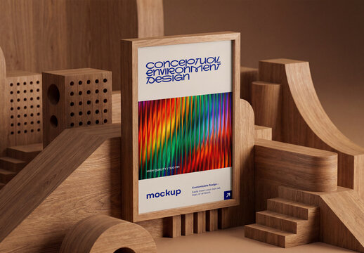 Vertical Poster Mockup On Natural Wood Wall, Abstract Architectural Advertising Banner Template With Geometric Stairs