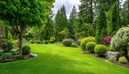 Vibrant Green Lawn Surrounded By Diverse Trees And Shrubs Under Cloudy Sky