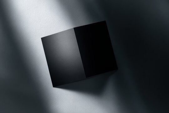 Black square Z-fold brochure mockup, minimalist studio lighting, clean shadow