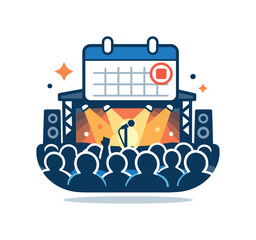 Obraz premium Concert tours represented by a packed crowd silhouette facing a lit stage with a calendar icon subtly integrated. The scene highlights