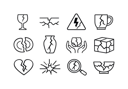 Ceramic Damage Concept. Line icon set of Ceramic Damage Concept: fragile symbol, cracked surface icon, breakage warning, damaged object sign,
