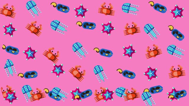 Crabs, jellyfish, starfish, and fish create a colorful pattern perfect for summerthemed designs. Great for beach and oceanthemed projects.