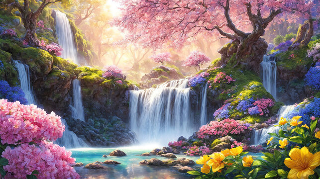 Beautiful idyllic landscape with waterfalls , a beautiful paradise land full of flowers, rivers and waterfalls, idyllic Garden of Eden.