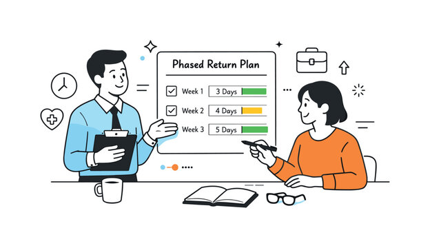 Reintegration after sick leave planning. A manager and employee reviewing a phased return schedule together. The mood suggests clarity,