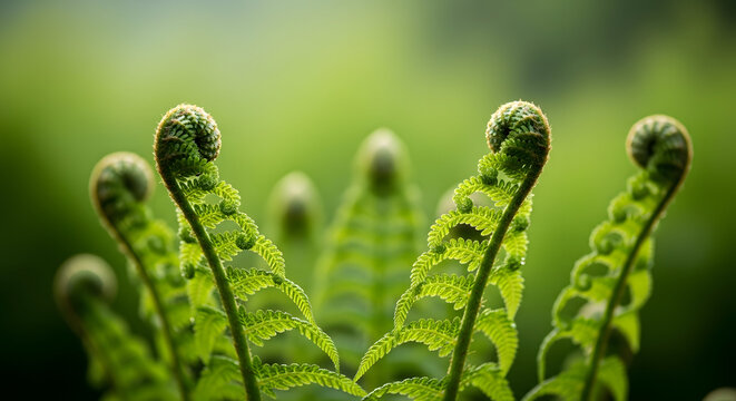 Vibrant Green Fiddlehead Fern Fronds Unfurling in Spring Forest, Detailed Macro Shot of New Growth and Lush Natural Background