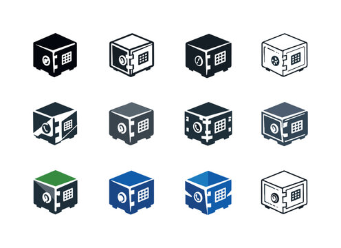 Money vault. Icon set. Set Logo of money vault: isometric vault with digital lock. harmonious logo variations of the same emblematic concept,