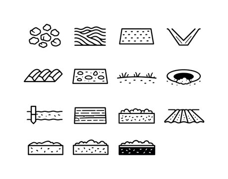 Soil cultivation. Line icon set of soil cultivation: soil clods, tilled soil pattern, seed bed, furrow line, ridge row, soil texture symbol,