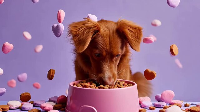 A happy brown dog sits in front of a bowl of food with colorful treats floating around against a purple background.
