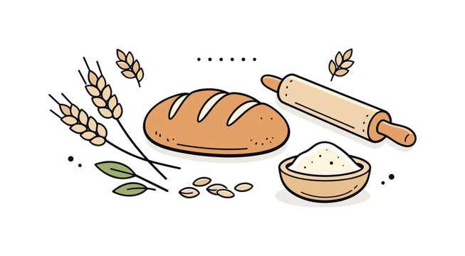 Artisan bakery branding scene. A loaf of bread, rolling pin, and wheat elements arranged with plenty of white space. Warm craftsmanship