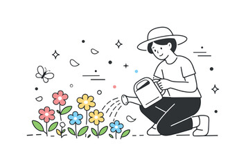 Image Generation. Flower garden care. A person watering blooming flowers, gentle movement and relaxed posture. Positive, nurturing atmosphere with petals and