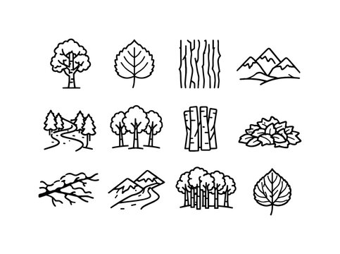 Image Generation. Aspen. Line icon set of Aspen: aspen tree, aspen leaf, tree bark texture, mountain background, forest path, fall foliage, tree trunk cluster,