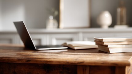 Obraz premium Wooden desk with laptop, books and documents in cozy home cabinet workspace