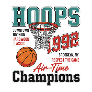 Vintage Hoops 1992 Champions basketball typography poster with net vector illustration.