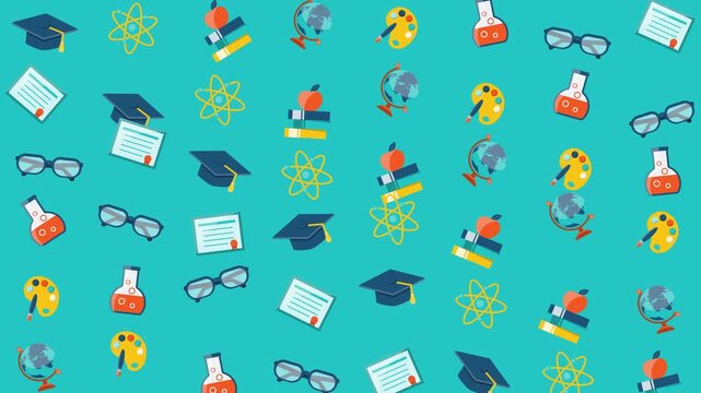 Pattern of academic objects like books and glasses suitable for educational designs, stationery, backtoschool promotions, or website backgrounds.