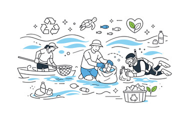 Naklejka premium Ocean Waste Cleanup. Plastic waste removal from oceans. People carefully extracting debris while respecting marine environment, steady and thoughtful process.