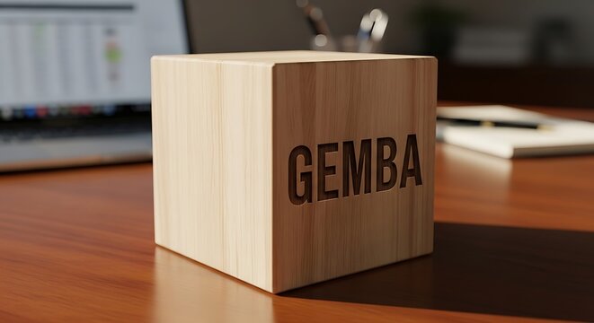 Gemba Wooden Cube on Desk with Laptop.