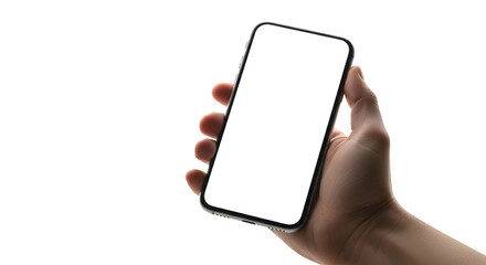 Hand holding a blank smartphone mockup with a white screen isolated on transparent background