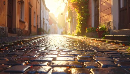 Sunlit cobblestone street with warm golden light in charming European village alley