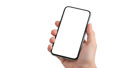 Hand holding a modern smartphone with blank screen for mockup presentation isolated on transparent background