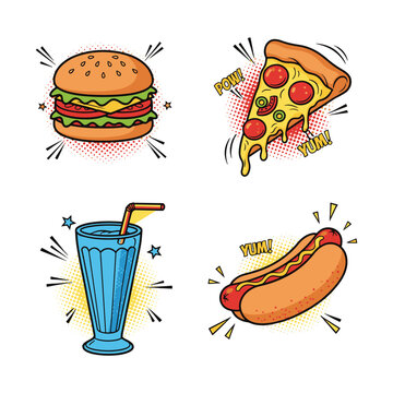 Pop art style fast food set with burger pizza hotdog and milkshake vector illustration.
