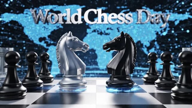 Digital chessboard with global map celebrates World Chess Day event