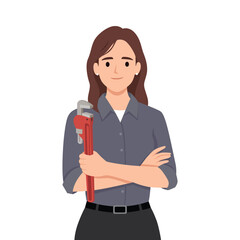 Plakat Confident Female Mechanic Holding Pipe Wrench, Professional Tradeswoman. Flat vector illustration isolated on white background
