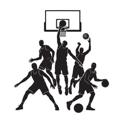 Action silhouettes of basketball players playing a game near hoop vector illustration. © Vectonic Wave