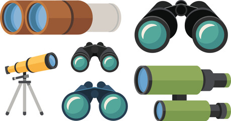Binoculars and telescope flat icon collection set, optical zoom equipment pack, vector illustration design set, isolated white background © Vexora Studio