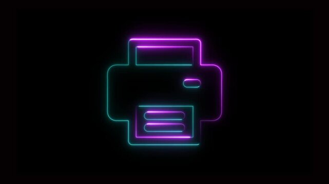 Sine and pink Neon Printer Icon on Black Background, Glowing Print Symbol Animation