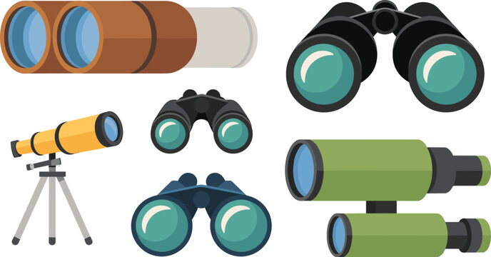 Binoculars and telescope flat icon collection set, optical zoom equipment pack, vector illustration design set, isolated white background