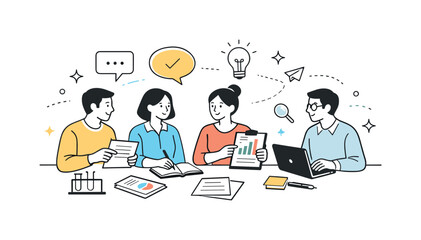 Fototapeta na wymiar Shared research discussion. A group gathered around a table, comparing notes and results, calm collaboration and mutual focus. Light abstract